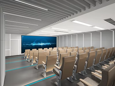 Modern Spacious Conference Room With Beige Seats Large Screen And Ceiling Lights 3d model