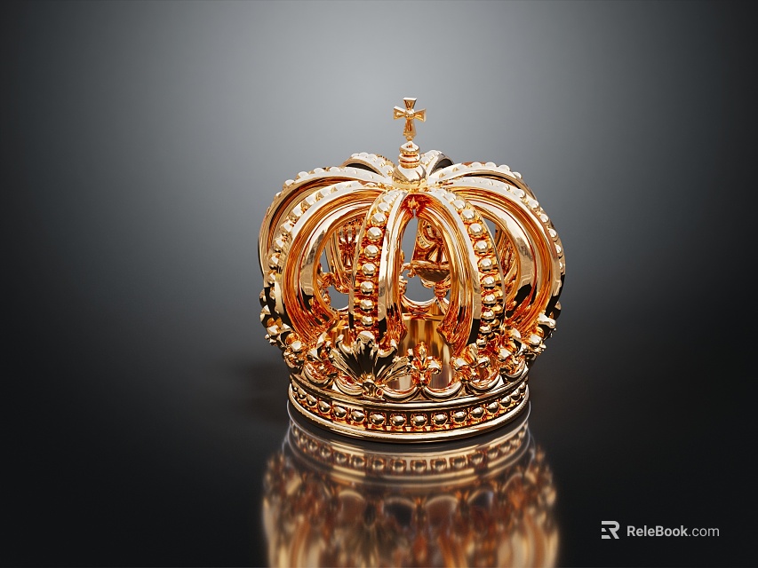 Luxury Golden Crown Jewelry Piece With Cross Top Decorative Beads Intricate Patterns Black Background Reflection 3d model 