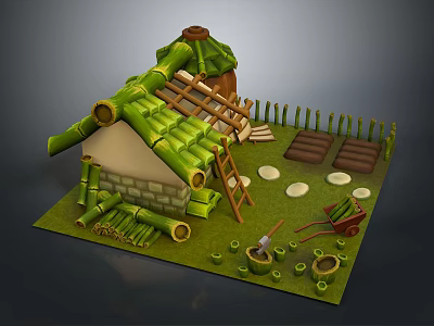 Cartoon Scene of Bamboo House with Leaning Ladder Green Roof and Vegetable Garden Tools 3d model