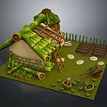 Cartoon Scene of Bamboo House with Leaning Ladder Green Roof and Vegetable Garden Tools