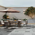 Modern Terrace Garden Landscape with Outdoor Dining Gray Square Flooring Small Tree and Sofa Seating