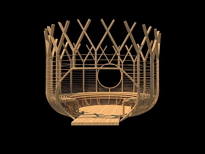 Rustic Wooden Landscape Pavilion With Crossed Frames Circular Opening And Steps 3d model