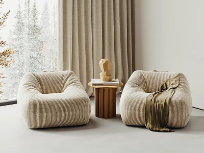 Beige Corduroy Bean Bag Chairs In Cozy Space With Side Table Blanket And Snowy Window View 3d model