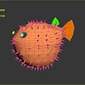 Cartoon Style Orange Puffer Fish With Spikes Green Fin And Black Eyes
