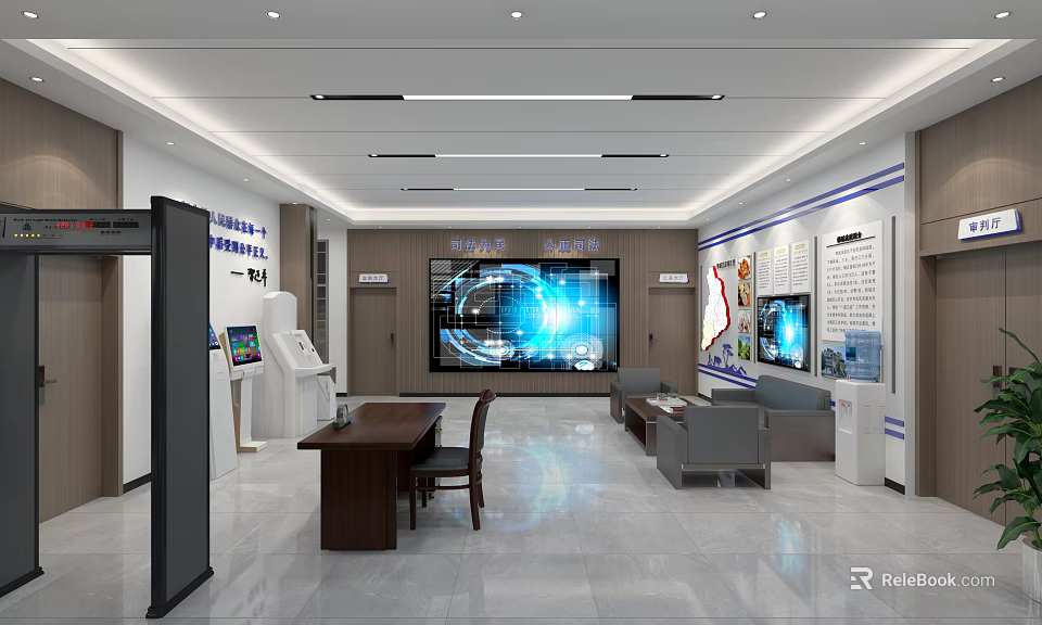 Modern Service Hall Interior With Self Service Kiosks Digital Screens And Waiting Area 3d model 
