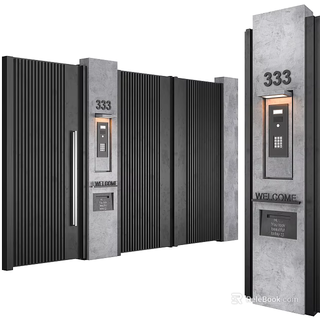 Black Vertical Slats Entrance Gate With Gray Pillars Number 333 Intercom And Welcome Sign 3d model 