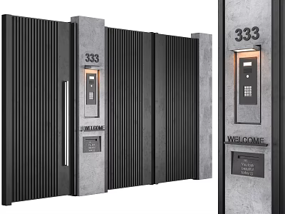 Black Vertical Slats Entrance Gate With Gray Pillars Number 333 Intercom And Welcome Sign 3d model