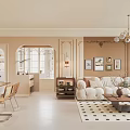 Modern Dining and Living Room Interior With Wooden Table Chairs Pendant Lights And Wall Art