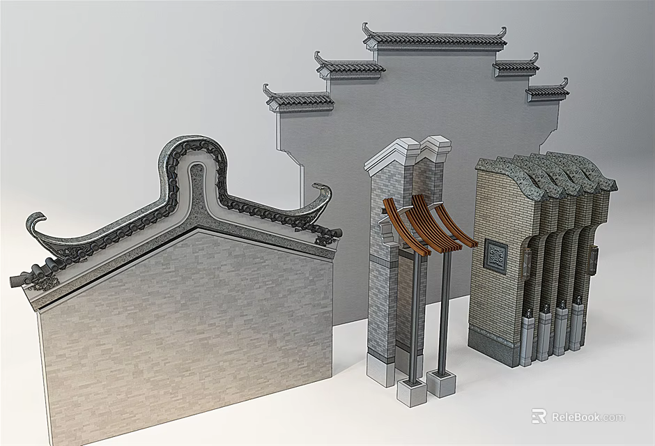 Traditional Chinese Scenic Wall with Classic Eaves Tile Roof and Stone Structure 3d model 