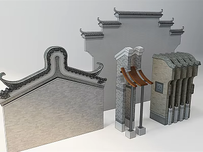 Traditional Chinese Scenic Wall with Classic Eaves Tile Roof and Stone Structure 3d model