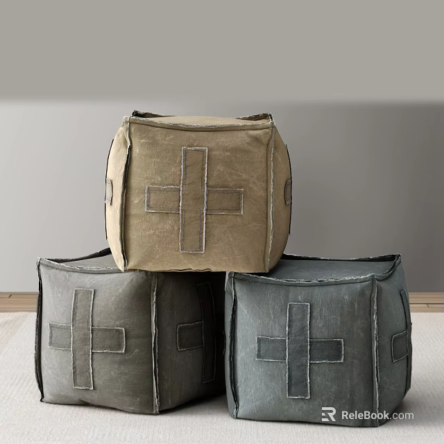 Stylish Fabric Sofa Stools With Cross Stitch Detail In Neutral Tones 3d model 