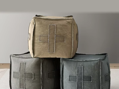 Stylish Fabric Sofa Stools With Cross Stitch Detail In Neutral Tones 3d model