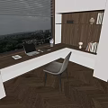 Modern Home Office with Window Desk Laptop Tablet Table Lamp Bookshelf and Herringbone Wooden Floor