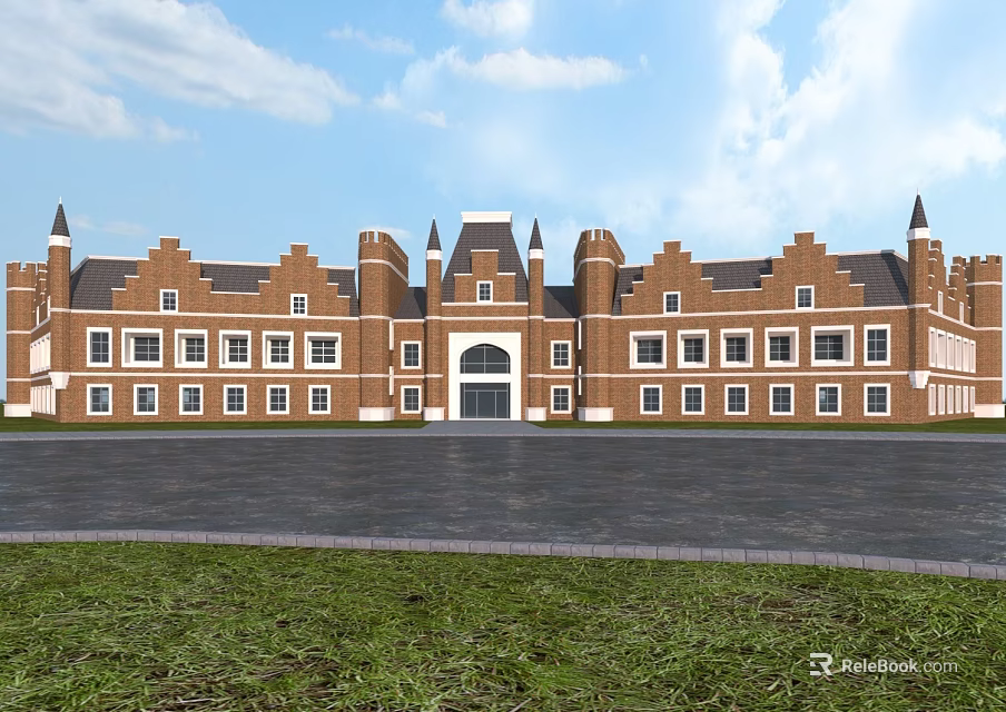 European Style Building With Red Brick Exterior Symmetrical Design Pointed Spires And Arched Entrance 3d model 
