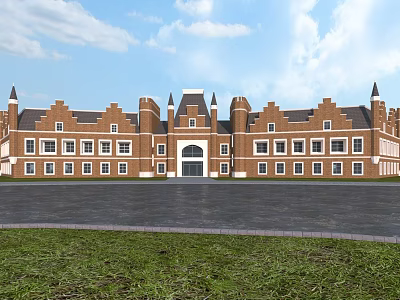 European Style Building With Red Brick Exterior Symmetrical Design Pointed Spires And Arched Entrance 3d model
