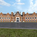 European Style Building With Red Brick Exterior Symmetrical Design Pointed Spires And Arched Entrance