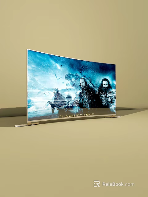 Curved TV Displaying Flash Titans Characters With Scenic Blue Backdrop 3d model 