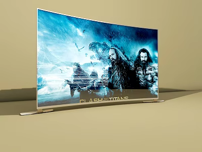 Curved TV Displaying Flash Titans Characters With Scenic Blue Backdrop 3d model