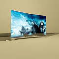 Curved TV Displaying Flash Titans Characters With Scenic Blue Backdrop 3d model