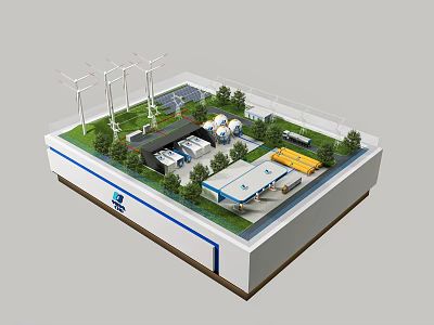 Integrated Energy Facility Model With Wind Turbines Solar Panels Buildings And Greenery 3d model