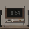 Wooden TV Stand Displaying Time 9 54 on Screen Flanked by Speakers and Decorations