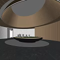 Modern Sales Office Interior With Circular Golden Frame Ceiling Wooden Walls And Model Building