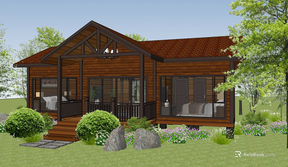 Rustic Wooden Guesthouse With Red Roof Porch Railings Stones And Lawn 3d model 