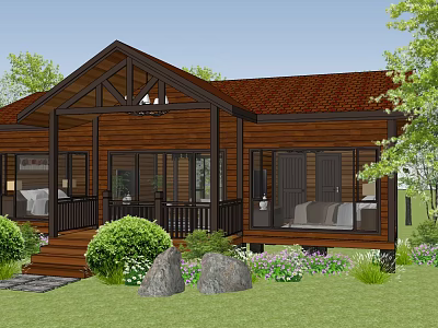 Rustic Wooden Guesthouse With Red Roof Porch Railings Stones And Lawn 3d model