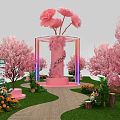 Floral Art Installation with Pink Archway Cherry Blossom Trees and Colorful Tulips on Lawn Pathway
