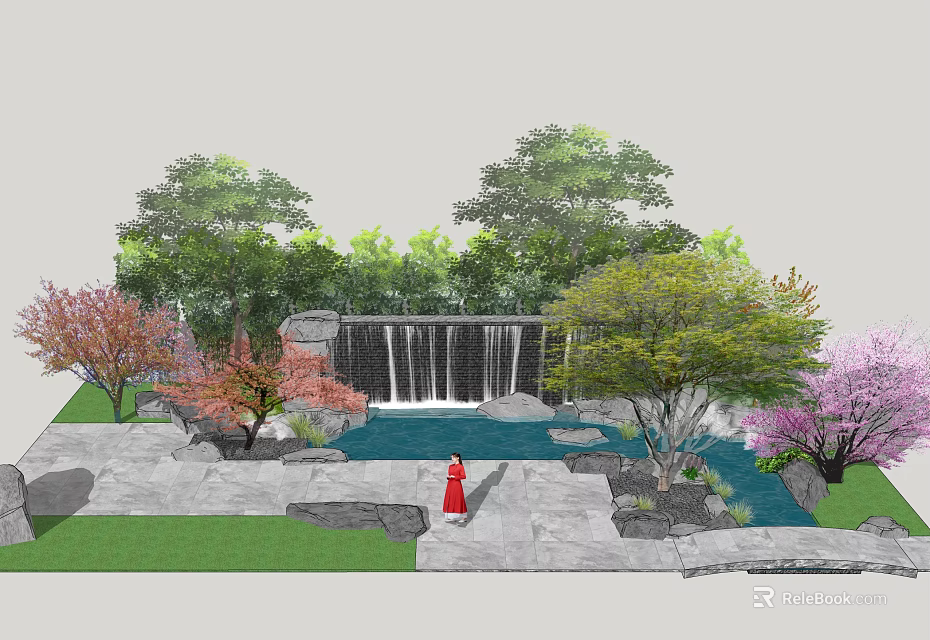 Building Facade Surrounded By Natural Waterfall Pond And Lush Green Trees 3d model 