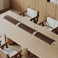 Modern Dining Room Pendant Lights With Long Brown Metal Shades And Wooden Table Chairs