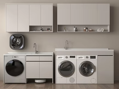 Modern Laundry Room with White Cabinets Washing Machine Dryer and Sink 3d model