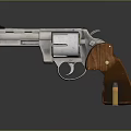 Close Up Of Classic Revolver With Silver Metal Body Wooden Grip And Bullet