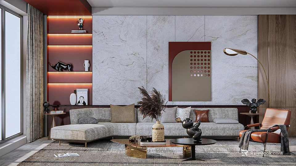 Modern Luxury Sofa And Coffee Table Set With Marble Wall Geometric Art And Accent Pillows 3d model 