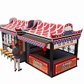 Traditional Street Food Kiosk With Taiwanese Fried Noodles Red White Striped Canopy And Bench