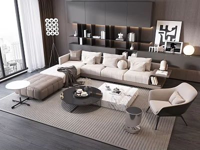 Modern Beige Sofa with Decorative Pillows and Round Black Coffee Table Set in Living Room 3d model
