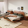 Wooden Double Bed In Modern Bedroom With Green Bedding And Wooden Desk