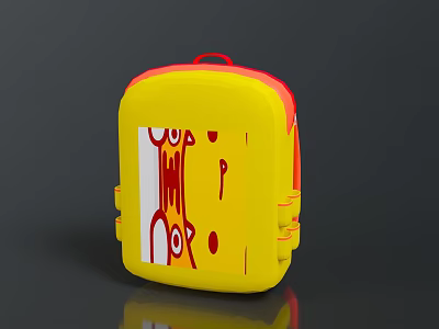 Vibrant Yellow Schoolbag With Red Accents And Front Cartoon Design 3d model