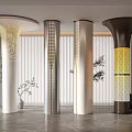 Illuminated Columns With Diverse Patterns White Silver Dark Brown In Modern Interior And Green Plants