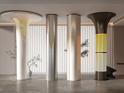Illuminated Columns With Diverse Patterns White Silver Dark Brown In Modern Interior And Green Plants 3d model