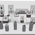 Modern Transparent Glass Display Shelves for Decorative Vases on Stone Bases with Various Shapes