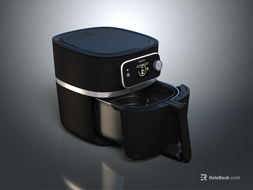 Sleek Black Air Fryer With Silver Accent Digital Panel And Removable Cooking Basket 3d model 