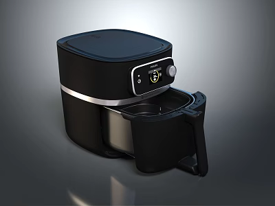 Sleek Black Air Fryer With Silver Accent Digital Panel And Removable Cooking Basket 3d model