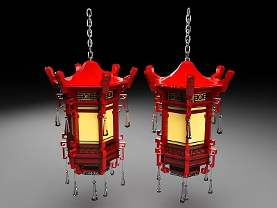 Traditional Red Chinese Lanterns Suspended By Chains With Decorative Frames And Tassels 3d model