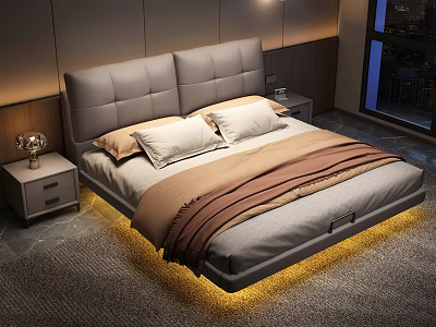 Modern Double Bedroom Interior With Upholstered Headboard Cozy Bedding And Warm Lighting 3d model