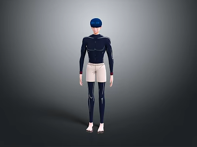 3D Character With Blue Hair Dark Blue Tight Top Light Shorts Black Leggings And Barefoot 3d model