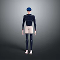 3D Character With Blue Hair Dark Blue Tight Top Light Shorts Black Leggings And Barefoot