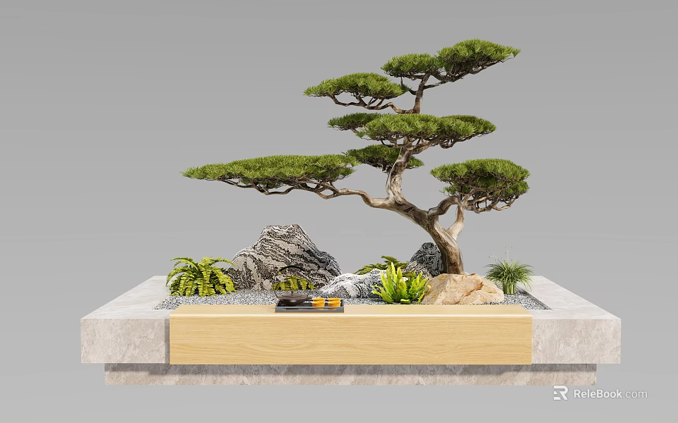 Bonsai Pine Tree Plant With Natural Rocks Small Green Plants And Wooden Stone Stand 3d model 