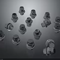Shiny Metal Bolts and Nuts Collection on Dark Reflective Surface 3d model