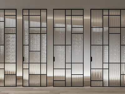 Modern Interior Glass Partition With Black Frame And Geometric Design Panels 3d model